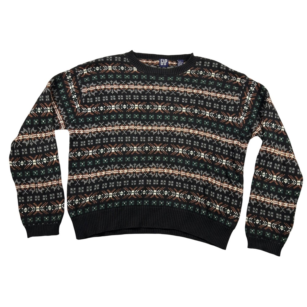 Vintage Gap Sweater Mens Large Fair Isle Cotton Knit Geometric Crewneck 90s